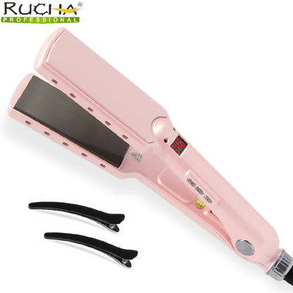 RUCHA Professional Hair Straightener Wide Plate Titanium Flat Iron Rapid Heating LCD Display PTC Treatment Hair Iron and Brush