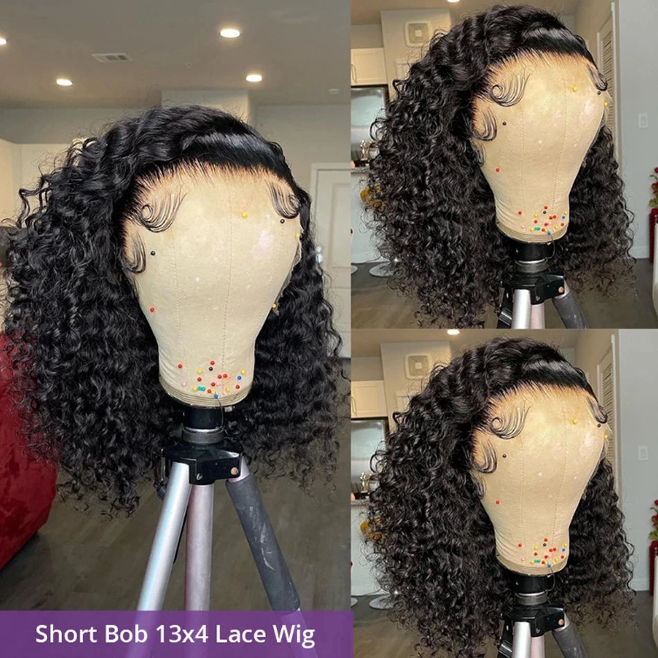 Deep Curly Bob Wigs 180% Density 13x4 Lace Frontal Wigs Natural Color Peruvian Remy Human Hair 4x4 Closure Short Bob Wigs Curly