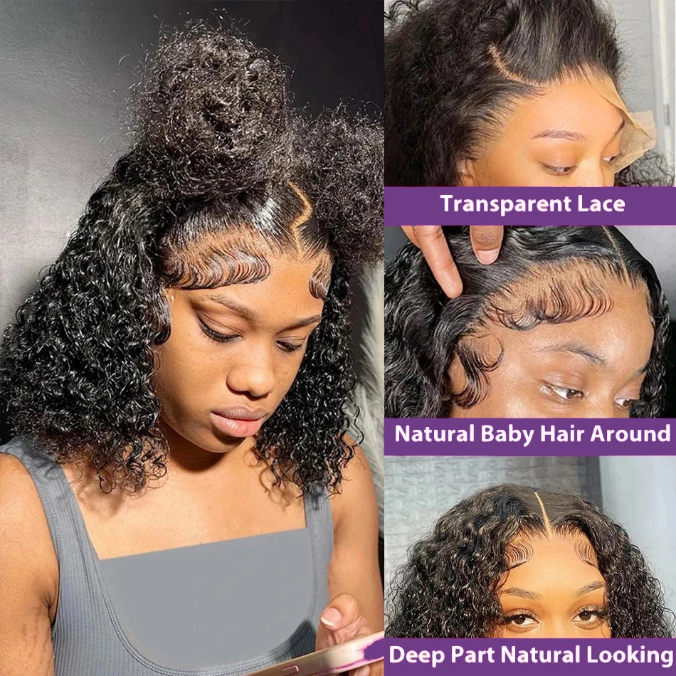 Deep Curly Bob Wigs 180% Density 13x4 Lace Frontal Wigs Natural Color Peruvian Remy Human Hair 4x4 Closure Short Bob Wigs Curly