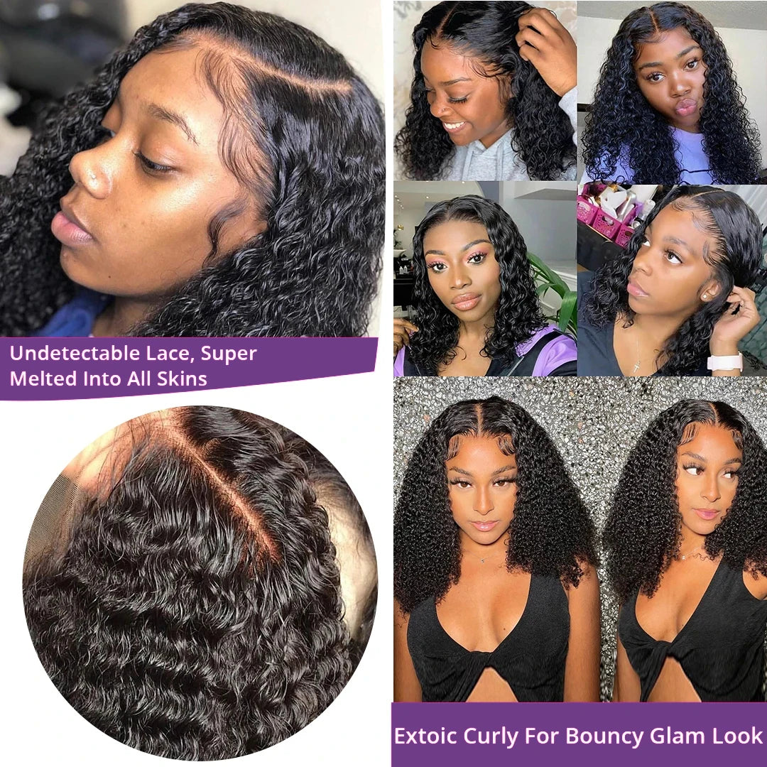 Deep Curly Bob Wigs 180% Density 13x4 Lace Frontal Wigs Natural Color Peruvian Remy Human Hair 4x4 Closure Short Bob Wigs Curly