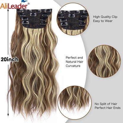 4Pcs/Set 20Inch Synthetic Hair Clip In Long Wavy Thick Hairpieces For Women Full Head Synthetic Hair Extensions Ombre Hairpieces