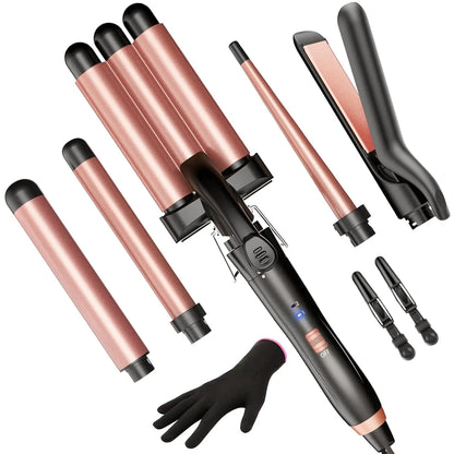 BESTOPE PRO 5 in 1 Wand Curling Iron-Curling Wand Set with Hair Straightener, 3 Barrels Hair Crimper Iron, 3 Ceramic Curling Iro