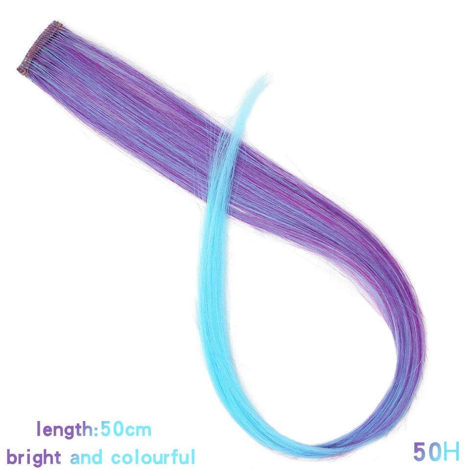 BUQI Straight Fake Colored Hair Extensions Clip Rainbow Hair Streak Synthetic Pink Orange White Purple Hair Strands on Clips