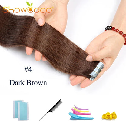 Straight Tape In Hair Extensions 100% Human Hair Skin Weft PU Seamless Double Sides Tape Natural Black 20Pcs 50g/Pack For Women