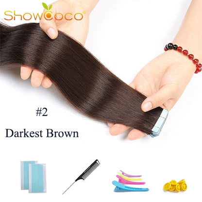 Straight Tape In Hair Extensions 100% Human Hair Skin Weft PU Seamless Double Sides Tape Natural Black 20Pcs 50g/Pack For Women