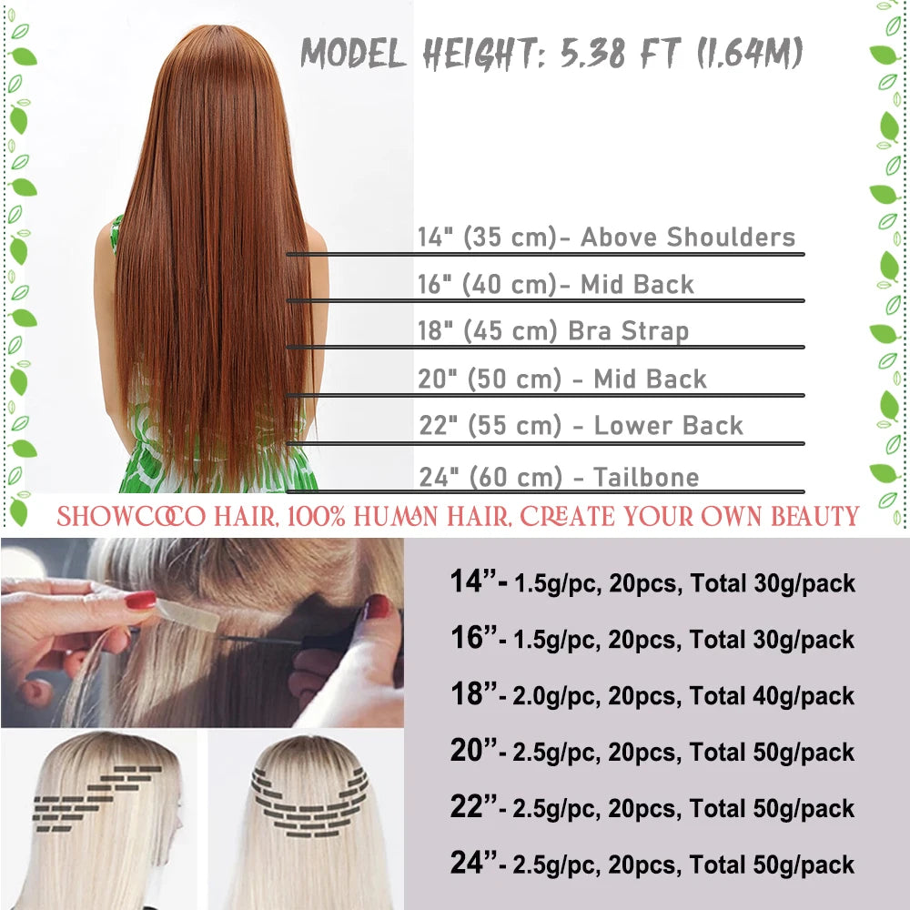 Straight Tape In Hair Extensions 100% Human Hair Skin Weft PU Seamless Double Sides Tape Natural Black 20Pcs 50g/Pack For Women