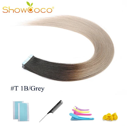 Straight Tape In Hair Extensions 100% Human Hair Skin Weft PU Seamless Double Sides Tape Natural Black 20Pcs 50g/Pack For Women