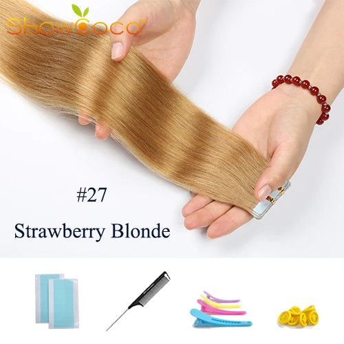 Straight Tape In Hair Extensions 100% Human Hair Skin Weft PU Seamless Double Sides Tape Natural Black 20Pcs 50g/Pack For Women