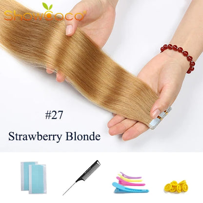 Straight Tape In Hair Extensions 100% Human Hair Skin Weft PU Seamless Double Sides Tape Natural Black 20Pcs 50g/Pack For Women