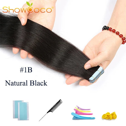 Straight Tape In Hair Extensions 100% Human Hair Skin Weft PU Seamless Double Sides Tape Natural Black 20Pcs 50g/Pack For Women