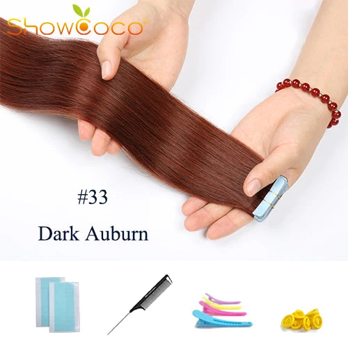 Straight Tape In Hair Extensions 100% Human Hair Skin Weft PU Seamless Double Sides Tape Natural Black 20Pcs 50g/Pack For Women