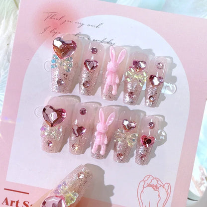 Blush Pink False Nails Bowknot Diamond Pearl 3D Design Press on Nail Tips with Harmless Smooth Edge Nails Woman DIY Fake Nails