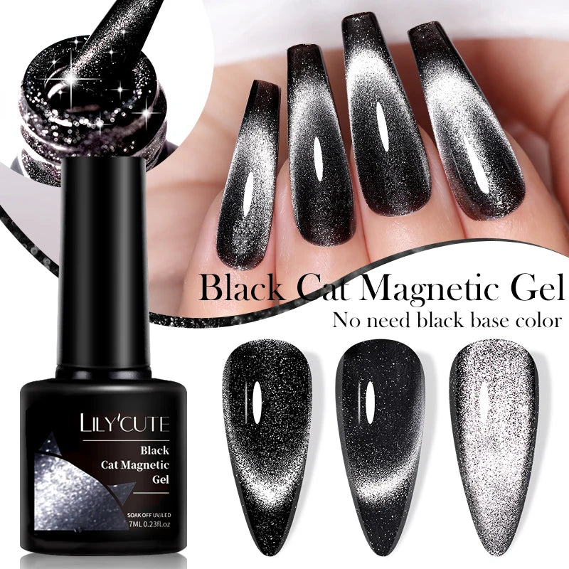 LILYCUTE 7ML Black Crystal Cat Magnetic Gel Sparkling Glitter Gel Nail Polish Semi Permanent UV Gel Nail Art No Need Base Color