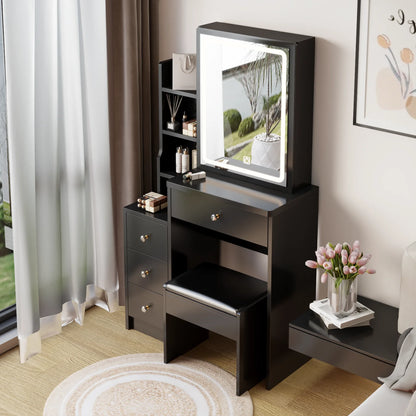 Small Space Left Bedside Cabinet Vanity Table + Cushioned Stool, Extra Large Touch Control Sliding LED Mirror, Tri-color Switchi