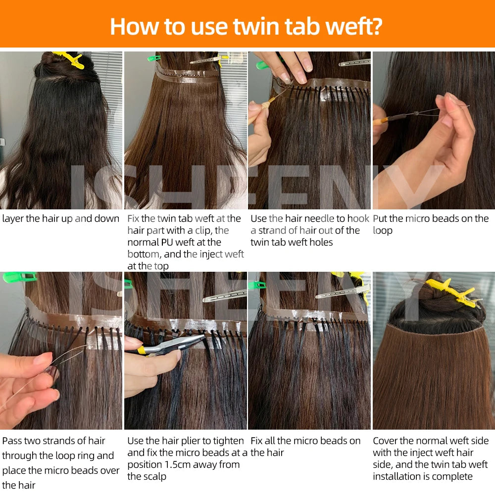 isheeny Twin Tabs Weft Human Hair Extensions Invisible Hole Weft Hair Natural Straight Pull Through Micro Weft Hair 25cm Width