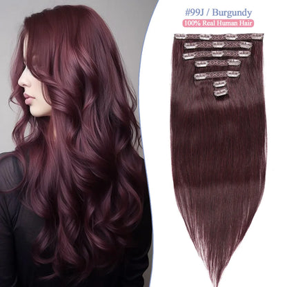 #99J Burgundy Clip in Hair Extensions Real Human Hair 100% Brazilian Remy Hair Wine Red Seamless Straight Clip In Hair Extension