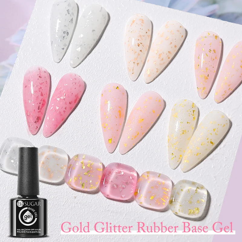 UR SUGAR 7ml Crystal Nude Rubber Base Gel Milky White Pink Gold Glitter Semi Permanent Soak Off UV LED Nail Art Construction Gel