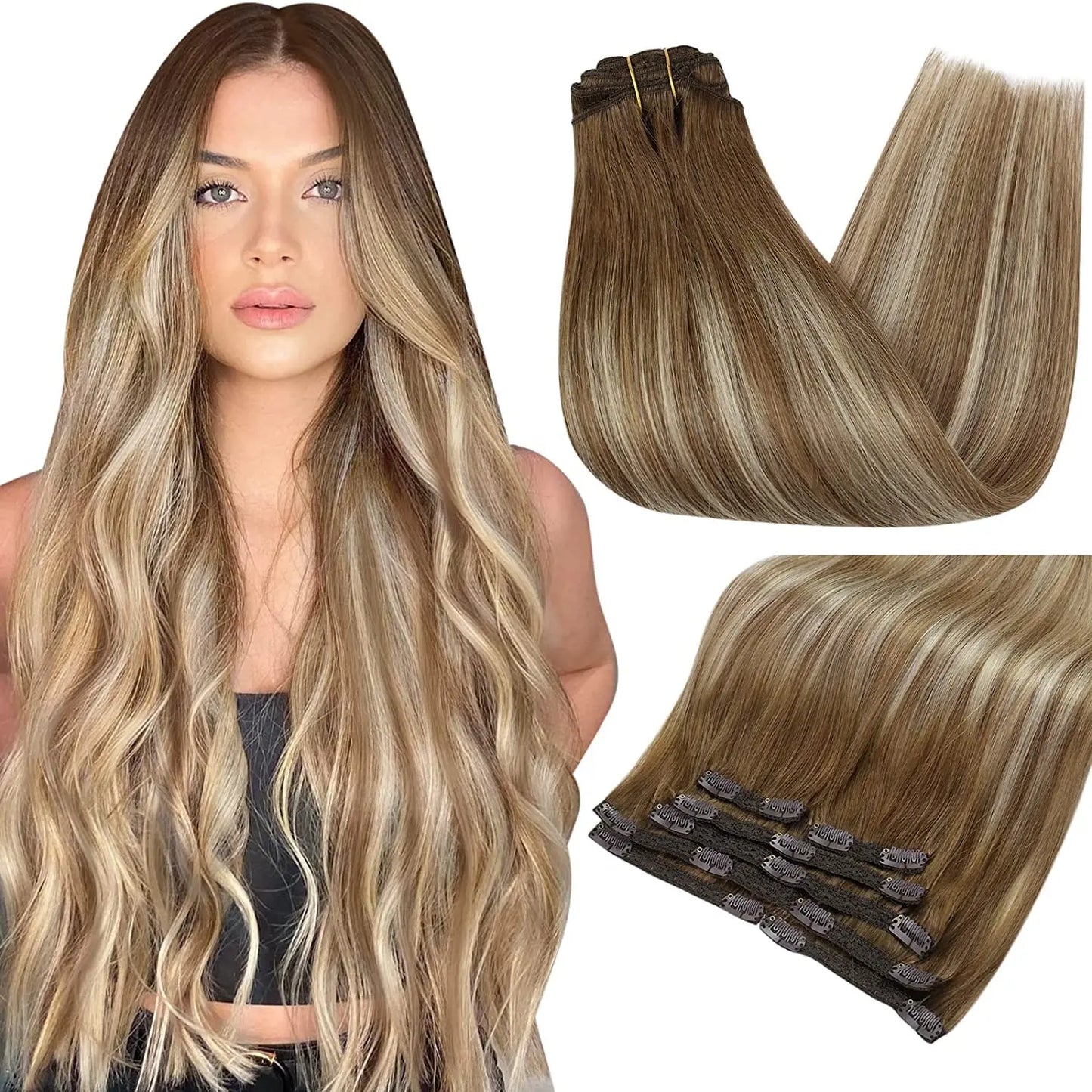 Full Shine Human Hair Extensions Clip in Hair Extensions Human Hair 7PCS 105G Double Weft Hair Extensions Human Hair For Woman