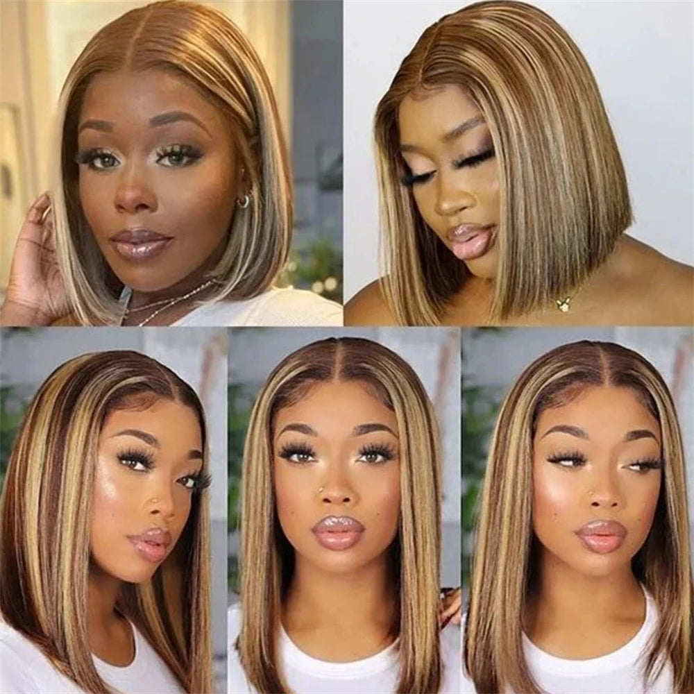 Straight Short Bob 100% Human Hair Wig Highlight 13x4 Lace Frontal Human Hair Wigs Bob Honey Blonde Ombre Brown Lace Front Wig