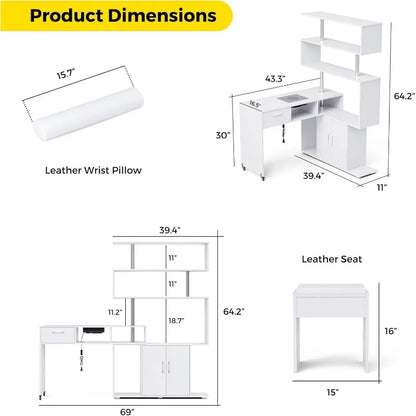 Manicure Table Nail Desk with Stool, Rotating L-Shaped Nail Tech Desk with Dust Collector, Two-Way Drawer