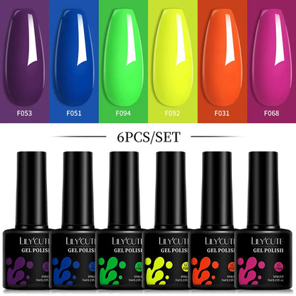 LILYCUTE 6Pcs/Set 7ML Gel DIY Nail Polish Bright Pink Semi Permanent Soak Off UV LED Gel Varnish Nail Art Design Manicure Kit