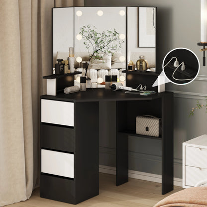 Vabches Corner Vanity Makeup Desk with Lights Tri-Fold Mirror Bedroom Vanity Table with Power Strip 4 Drawer Wood Dressing Table