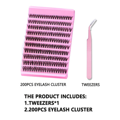 DIY Eyelash Extension Kit 200pcs Individual Lashes Cluster D Curl, 8-16mm Mix Lash Clusters with Lash Tweezers