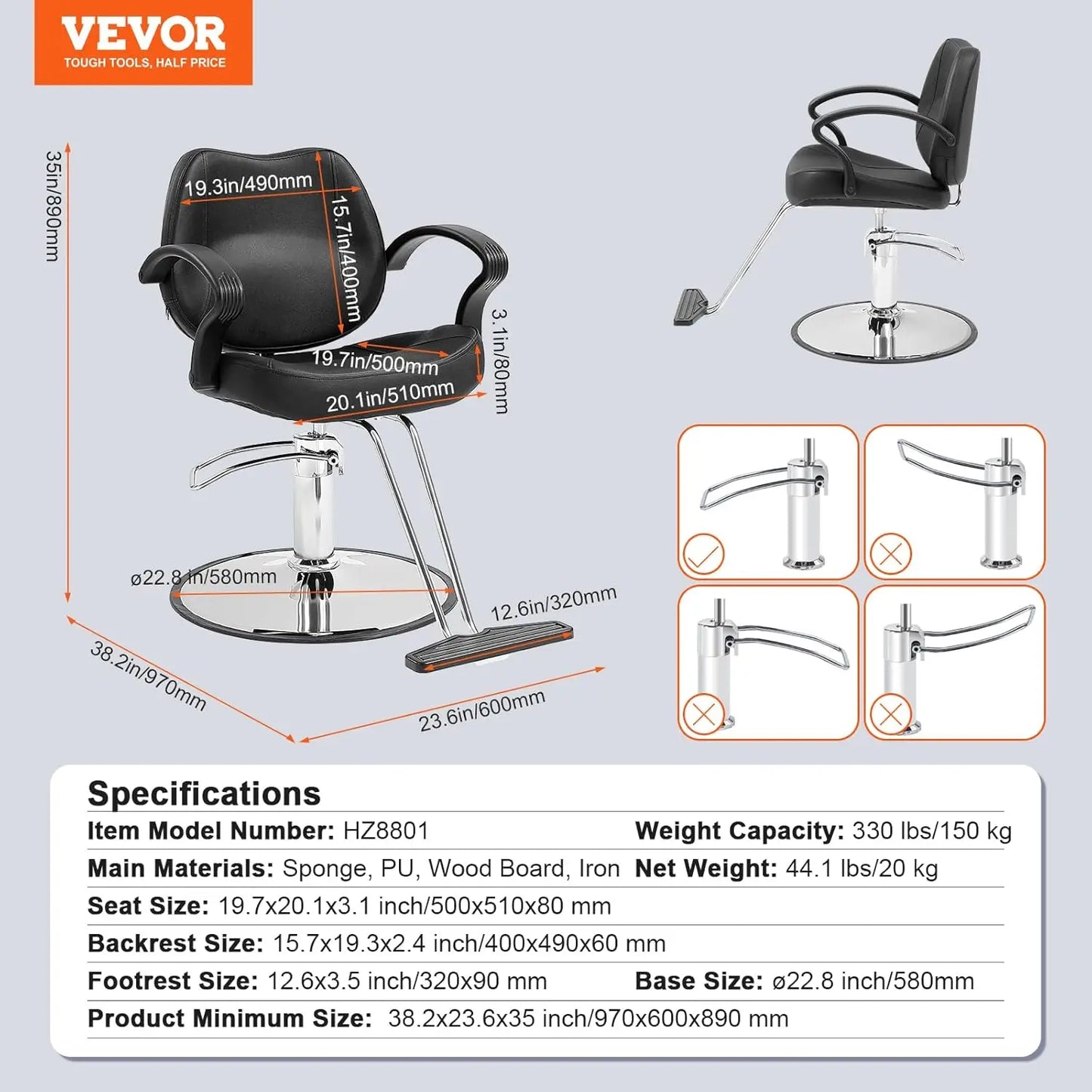 Vevor Salon Chair For Hair Stylist, Heavy Duty Hydraulic Pump, 360° Swivel With Footrest, Beauty Spa Equipment, Max Load Weight