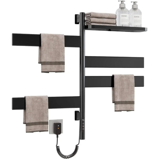 Swivel Heated Towel Rack, Wall Mounted Electric Towel Warmer Rack, 4 Square Bars Swivelable Towel Dryer with Tray, Towel Heater