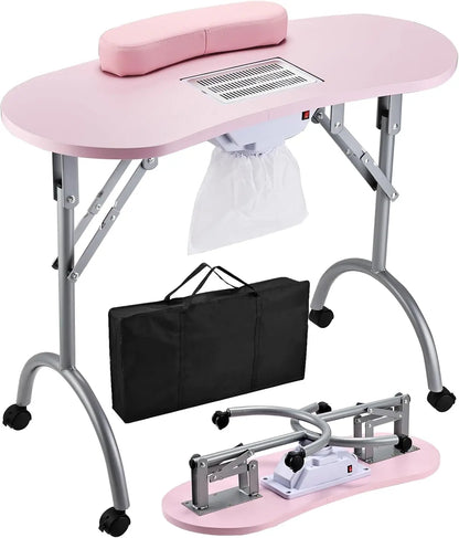 Portable Nail Desk with Nail Dust Collector, Rolling Manicure，with Manicure Hand Rests, 4 Lockable Wheels & Organizer Carry Bag