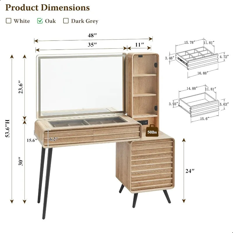 Fluted Makeup Vanity Desk with Large 35" HD Lighted Mirror, 48" Mid Century Modern Glass Top Vanity Table with 5 Drawers