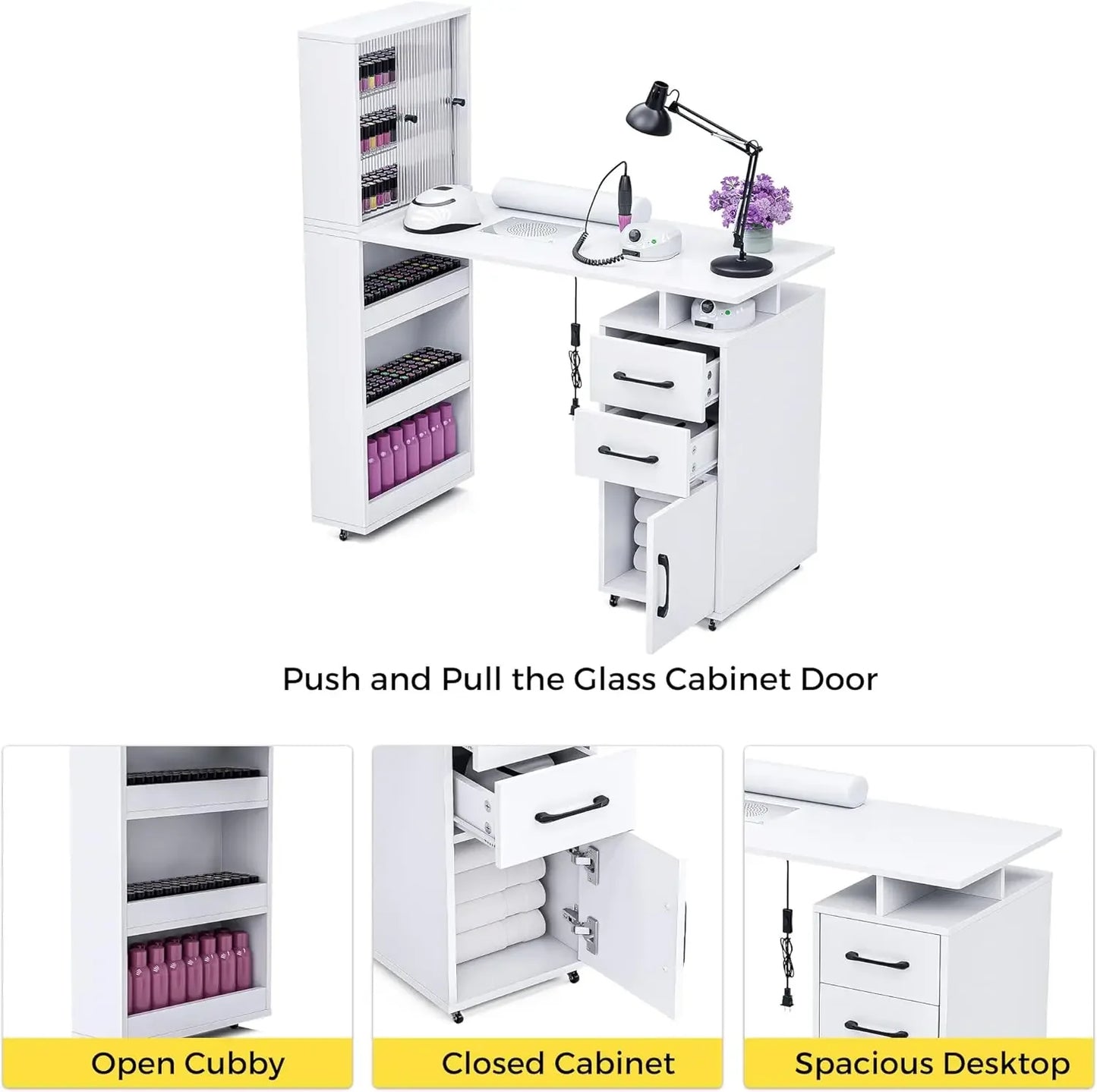 Table Nail Desk for Nail Tech w/Glass door Storage Cabinets & Wrist Rest, Beauty Salon Nail Supplies Decor Workstation