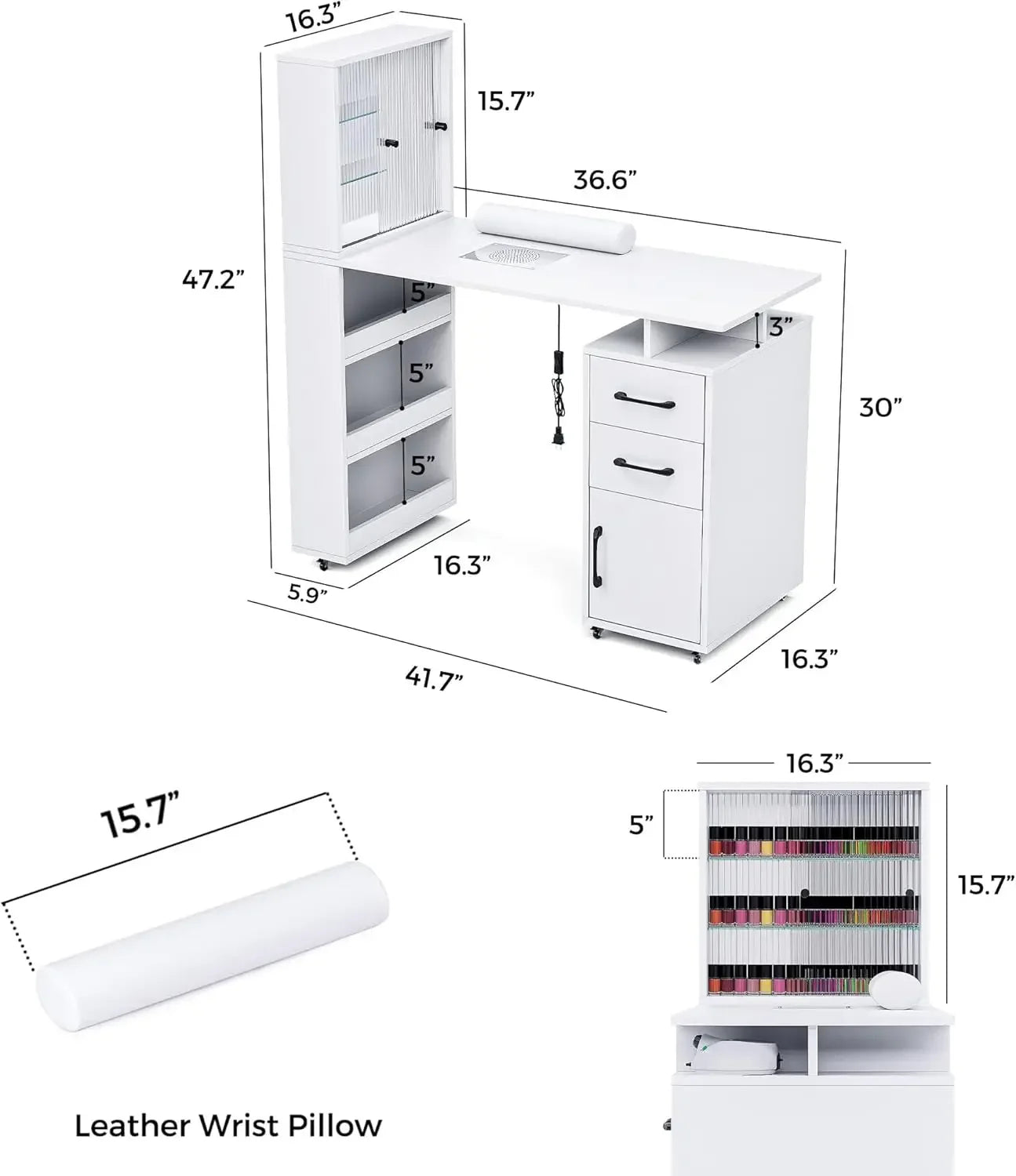 Table Nail Desk for Nail Tech w/Glass door Storage Cabinets & Wrist Rest, Beauty Salon Nail Supplies Decor Workstation