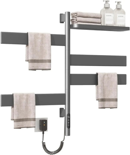 Swivel Heated Towel Rack, Wall Mounted Electric Towel Warmer Rack, 4 Square Bars Swivelable Towel Dryer with Tray, Towel Heater