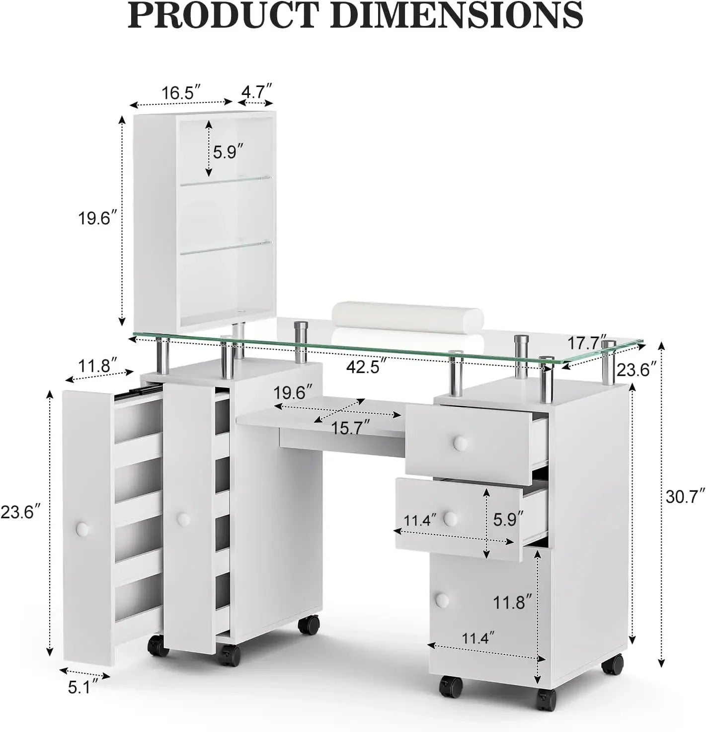 Manicure Table, Glass Top Nail Tech Table Nail Desk Station for Nail Tech w/Shelves, Wrist Cushion, Lockable Wheels, Storage Dra