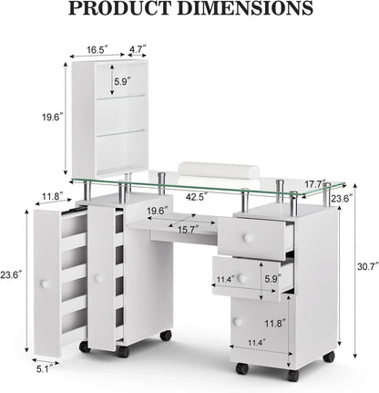 Manicure Table, Glass Top Nail Tech Table Nail Desk Station for Nail Tech w/Shelves, Wrist Cushion, Lockable Wheels, Storage Dra