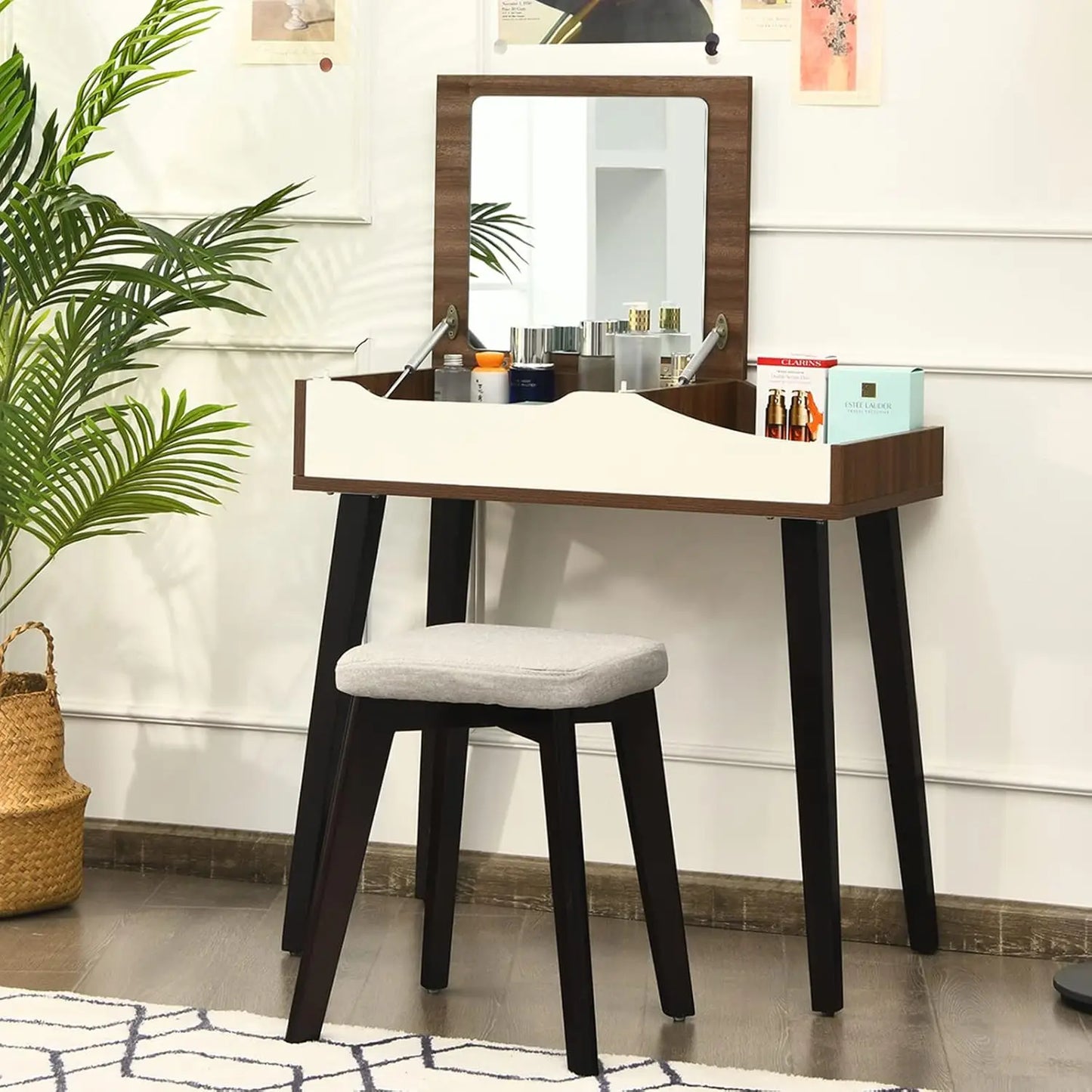 Vanity Desk with Flip Top Mirror, Storage Compartments, Removable Dividers, Bedroom Makeup Dressing Table, Wooden Vanity Set