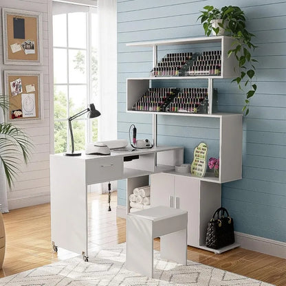 Manicure Table Nail Desk with Stool, Rotating L-Shaped Nail Tech Desk with Dust Collector, Two-Way Drawer