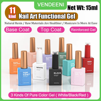 Vendeeni 11 Kinds Nail Function Base Top Coat Gel Nail Polish Semi Permanent Black White Red Color Gel Nail Soak Off Gel Varnish