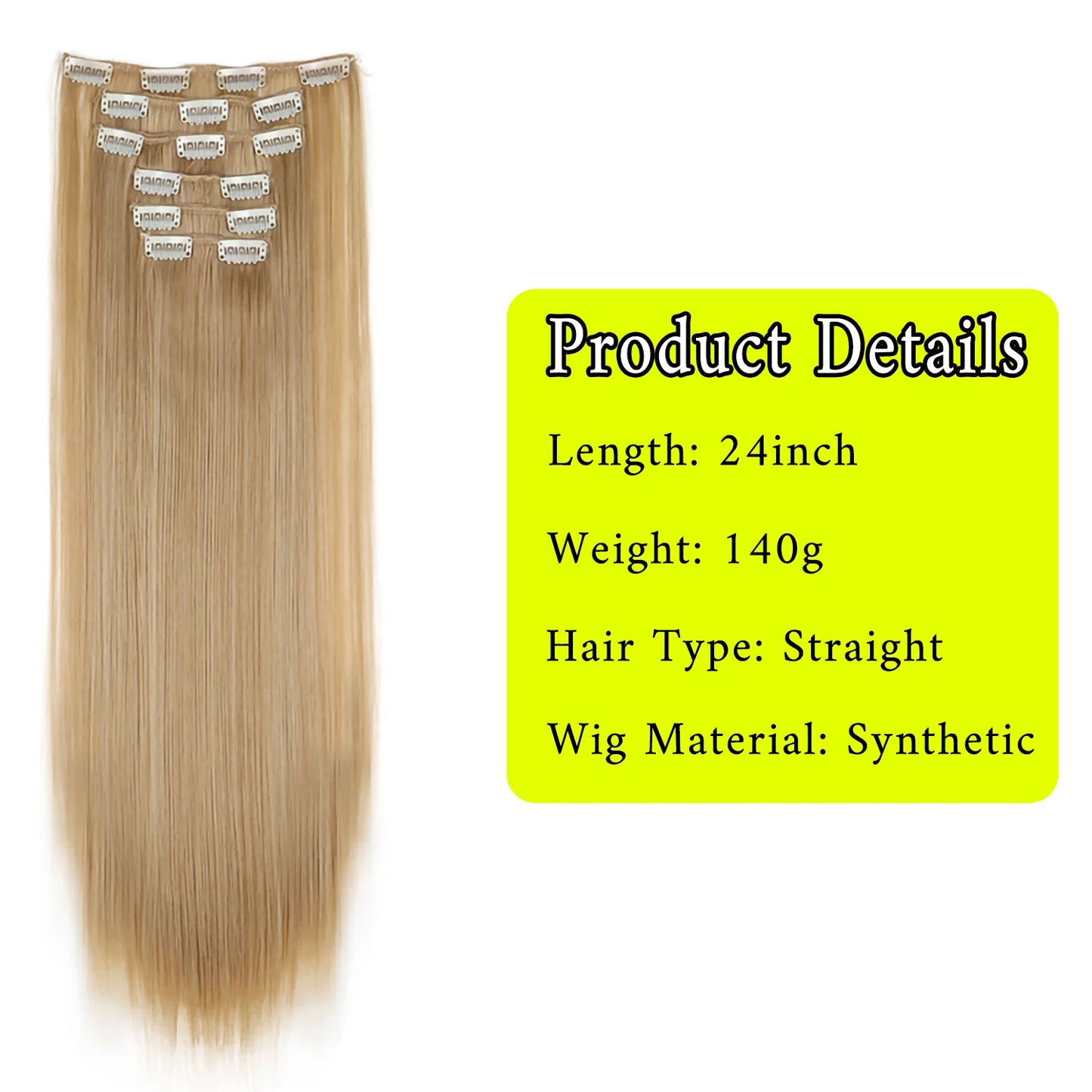 24Inch 16 Clips in Hair Extensions Long Straight Hairstyle Synthetic Blonde Black Hairpieces Heat Resistant False Hair Daily Use