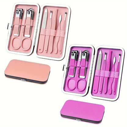 2set Nail Clippers and Beauty Tool Portable Set, Rose Gold Martensitic Stainless Steel Manicure Set 8 in 1, with Pink Leather Ba