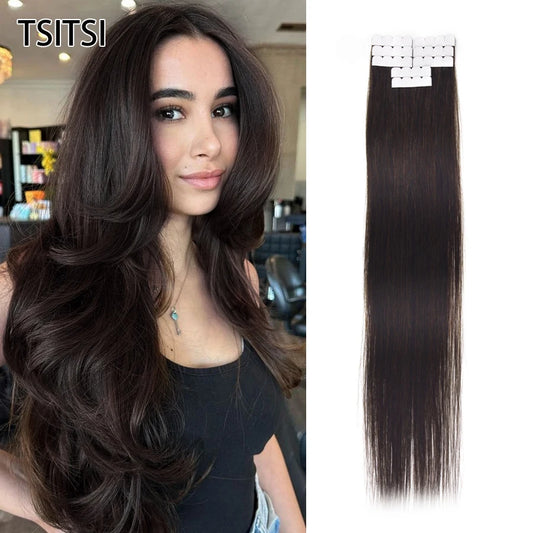 TSITSI Straight Human Hair Tape In Human Hair Extensions Natural Hair 100% Premium Non-Remy Seamless Skin Weft Hair For Girls