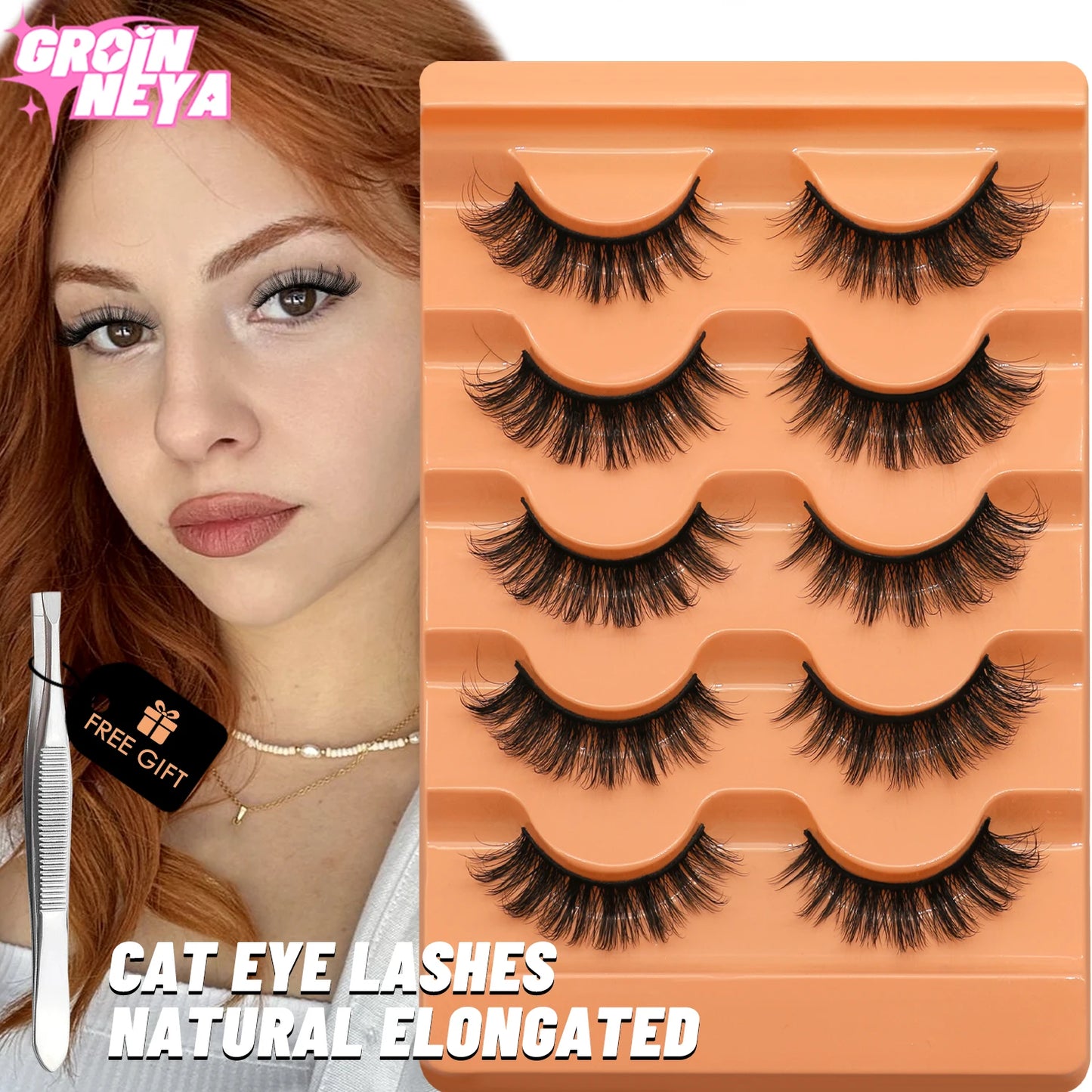 GROINNEYA Cat Eye Lashes Fluffy Faux Mink Lashes 8D Volume Wispy Long Lashes Fake Eyelash Russian Strips 5 Pairs Pack Makeup