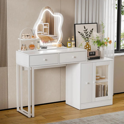 Makeup Vanity Desk with Mirror and Lights, Makeup Table W/ Lots Storage, 3 Lighting Modes, Brightness Adjustable, Dressing Table