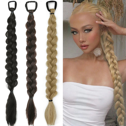 Synthetic Long Twist Braid Ponytail Extensions With Rubber Band 24 Inch Boxing Braided Hair Extensions For Women Daily Use