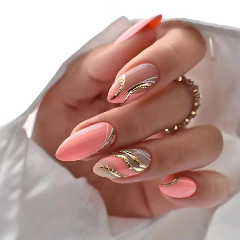 24pcs French False Nails Almond Head Summer Style Glitter Design Fake Nail Patch Full Cover Wearable Women Press on Nail Tips