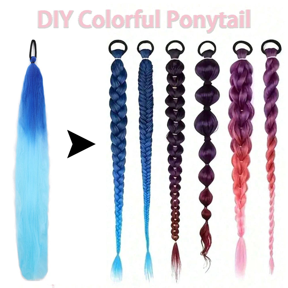 Synthetic Colorful Ponytail Extension 2Pcs Long Straight DIY Braided Pony Tail Hairpiece with Rubber Band Women Hair Accessories