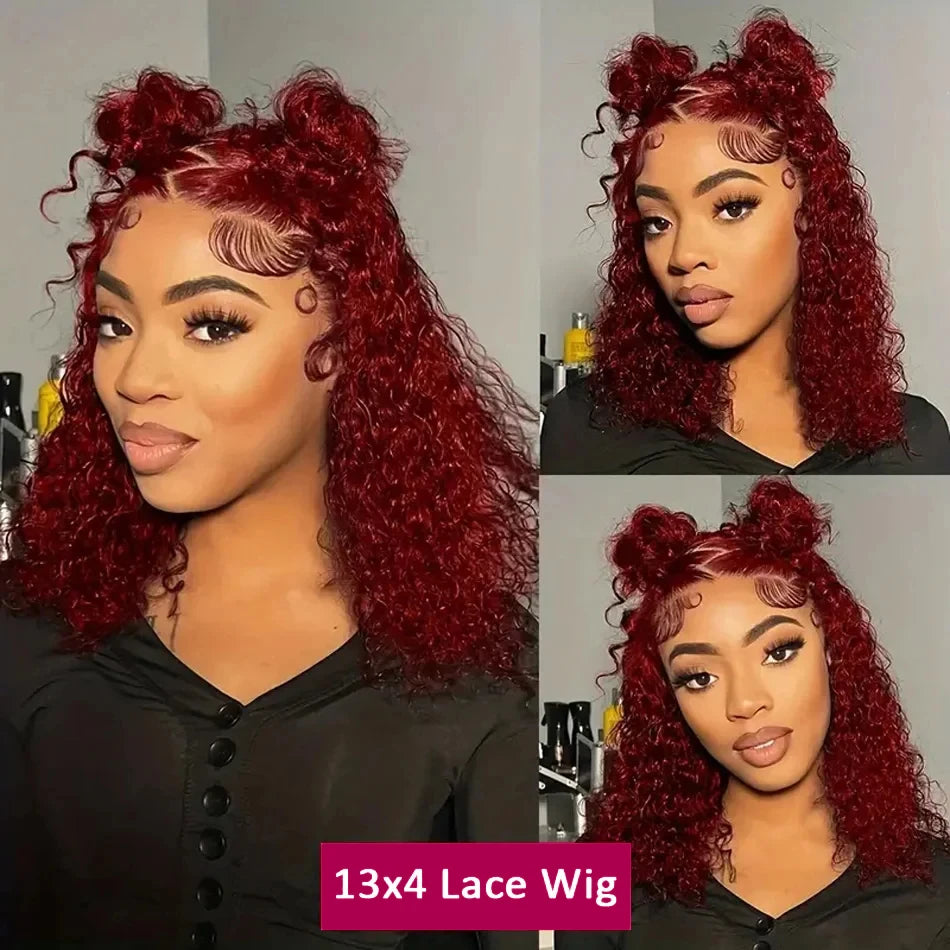 99J Burgundy Curly Short Bob Hair Wigs Human Hair Brazilian Hair 13x4 Deep Wave Lace Frontal Wig Red Colored Lace Front Bob Wigs