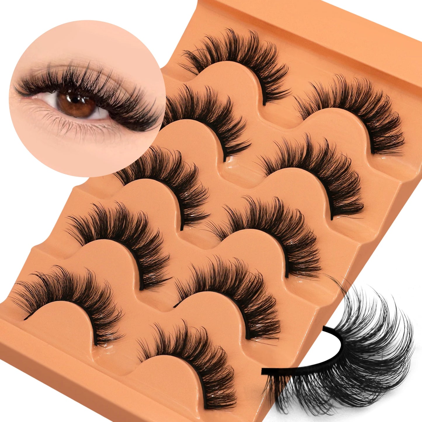 GROINNEYA Cat Eye Lashes Fluffy Faux Mink Lashes 8D Volume Wispy Long Lashes Fake Eyelash Russian Strips 5 Pairs Pack Makeup