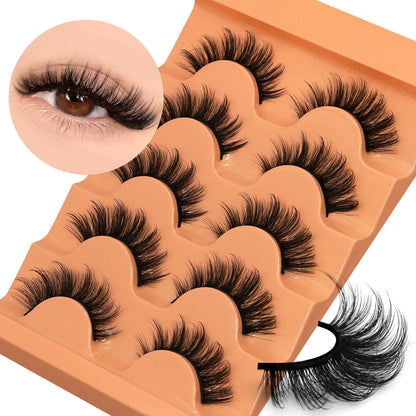 GROINNEYA Cat Eye Lashes Fluffy Faux Mink Lashes 8D Volume Wispy Long Lashes Fake Eyelash Russian Strips 5 Pairs Pack Makeup